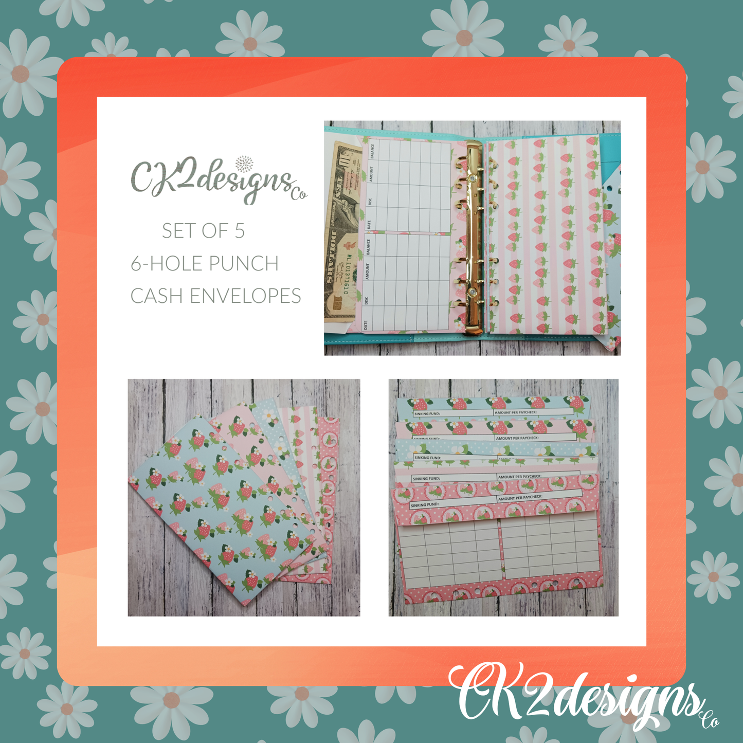 Cash Envelopes, Strawberry Fields— Set of 5 | Available with or without 6-hole punch