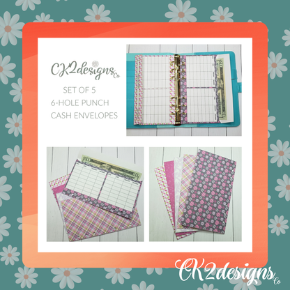Cash Envelopes. Pink Purple Pack 2 — Set of 5 | Available with or without 6-hole punch